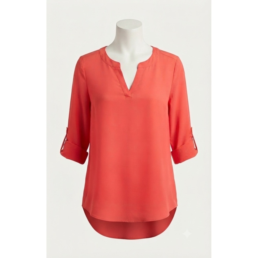 Est 1946 Women Red Roll Tab Sleeve Split V-Neck High Low Chiffon Blouse Medium